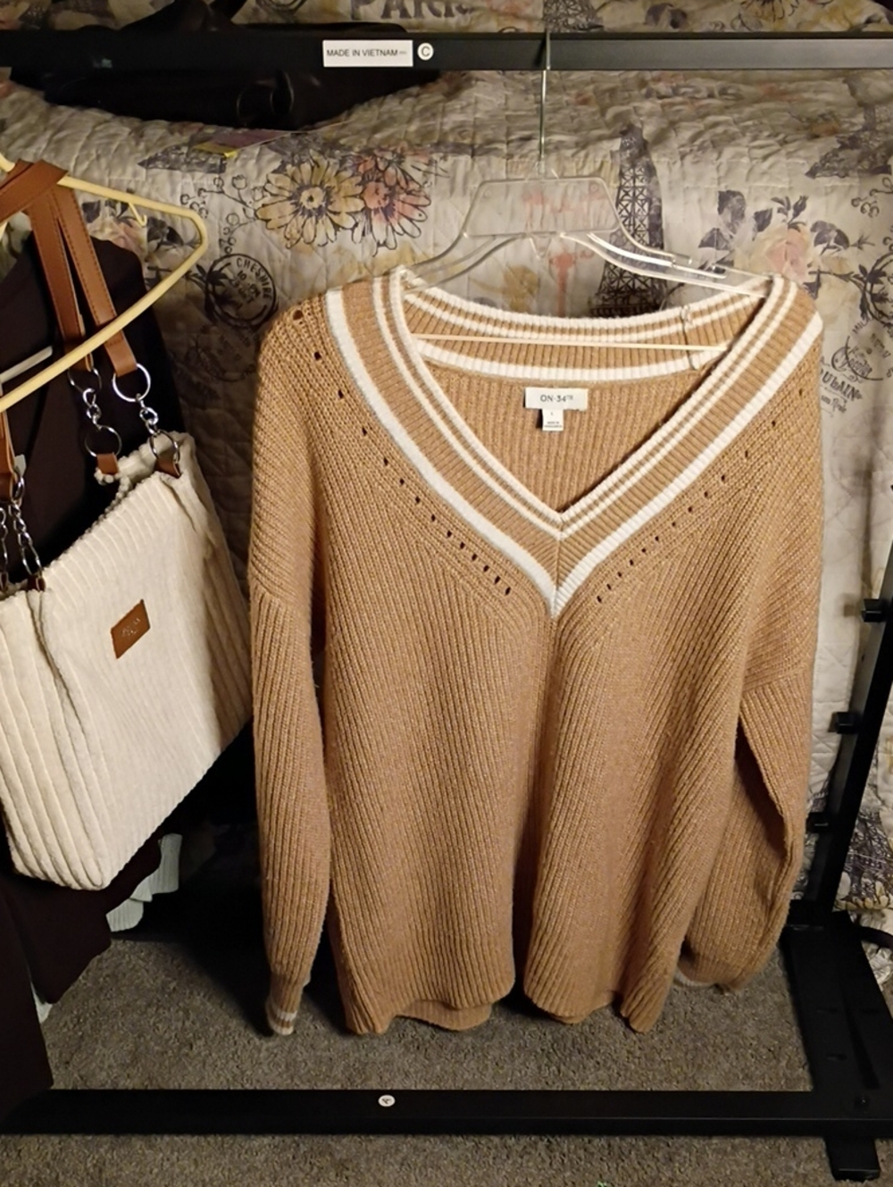 NWOT On 34th Tan V-Neck Stripe Ribbed Trim Sweater Size (Large)